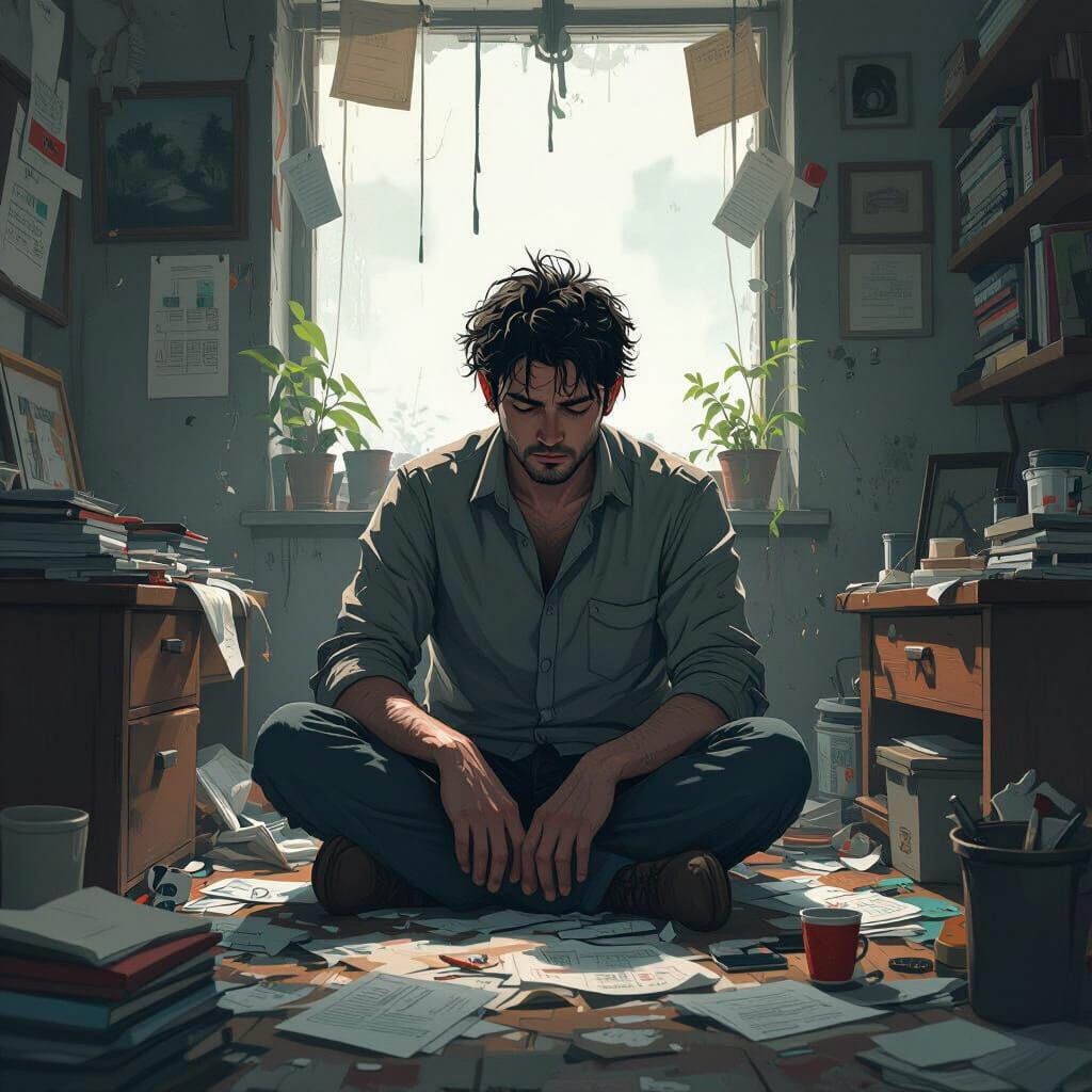 Weary Worker in Cluttered Space: Emotive Illustration