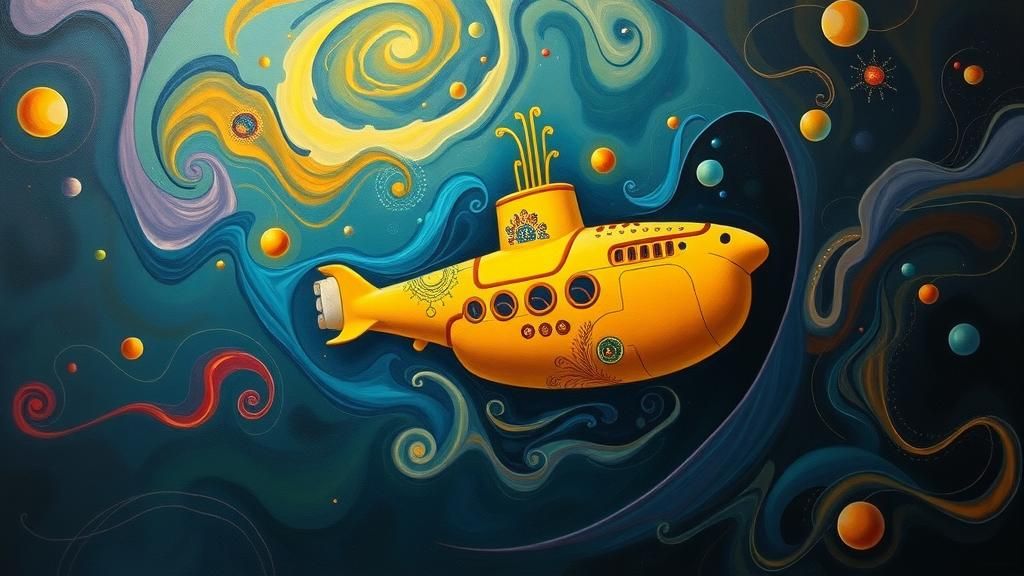 Vibrant Yellow Submarine in Surreal Automatism Style
