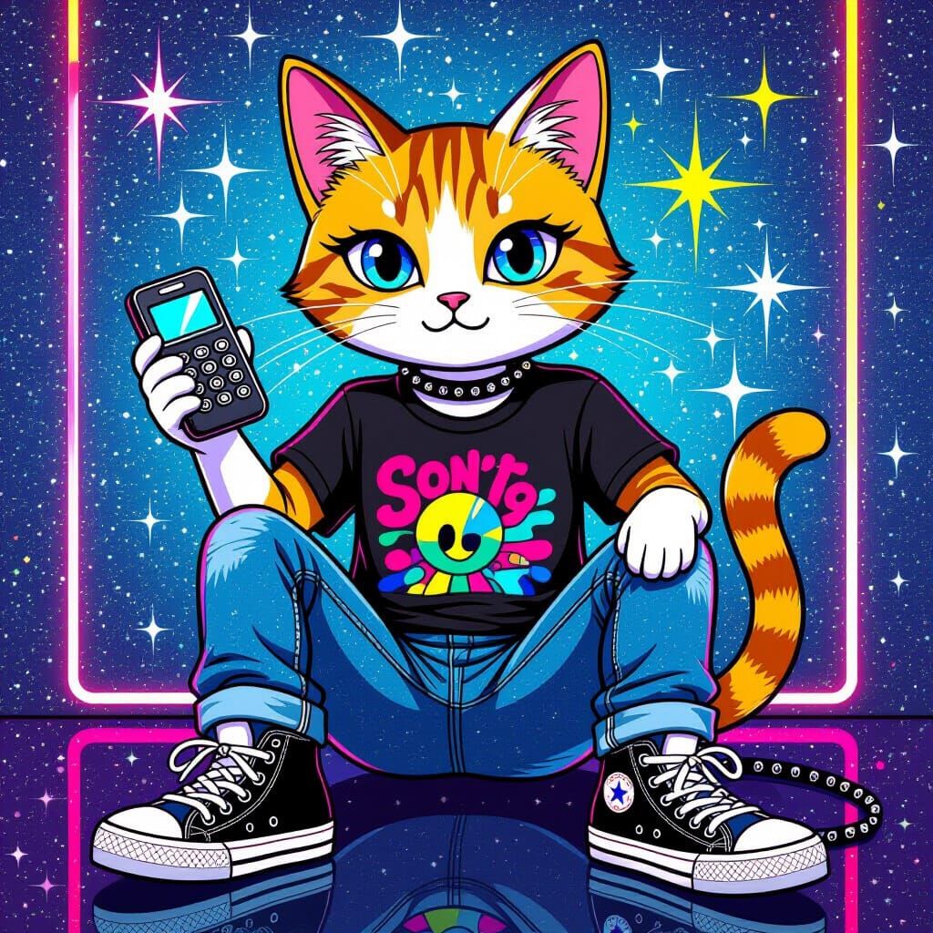 Cat in Band Tee with Neon Glitter Background