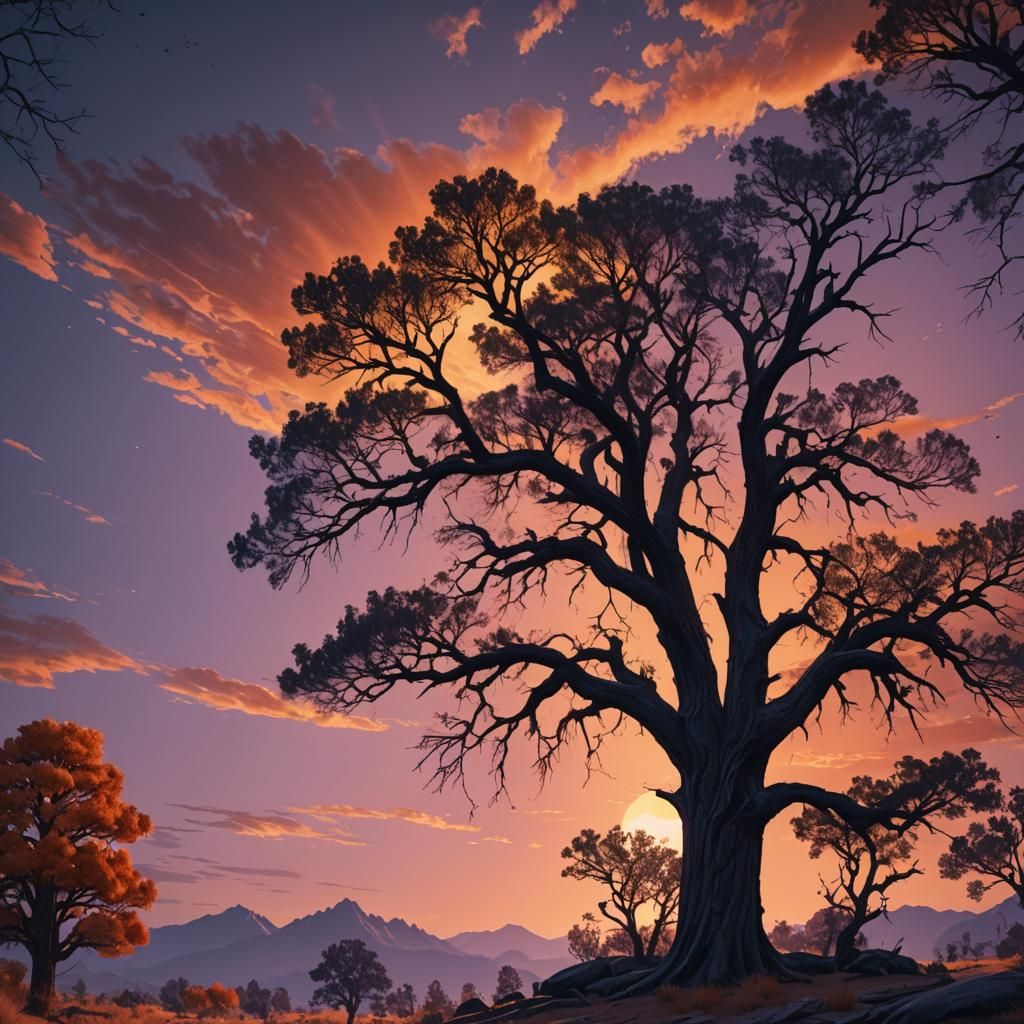 Lone Pine Tree Silhouette at Sunset