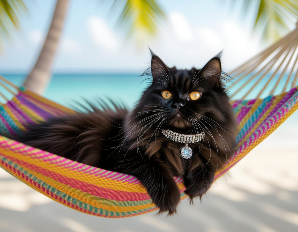 Black Persian Cat Lounging on Beach Hammock