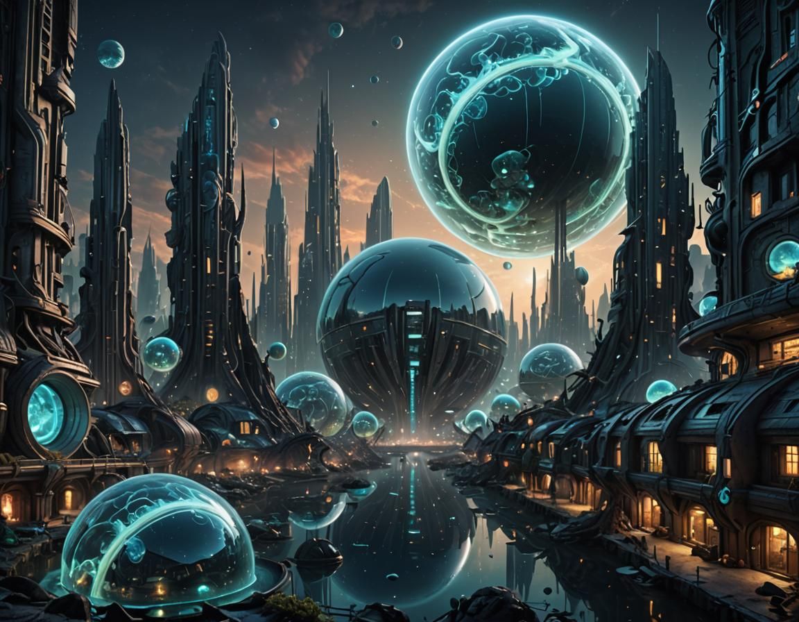 Bioluminescent Spherical City in Fantasy Concept Art