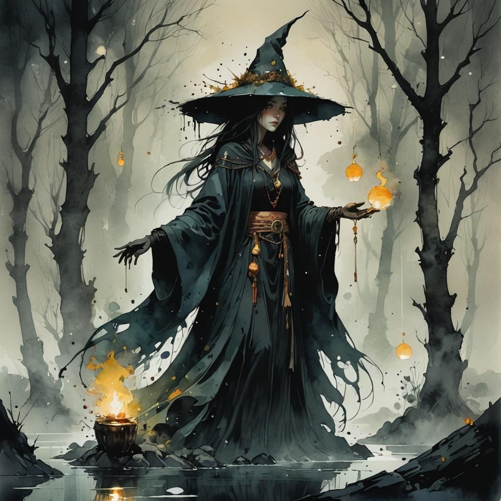 Enchanted Witch Shaman in Liquid Alcohol Ink Style