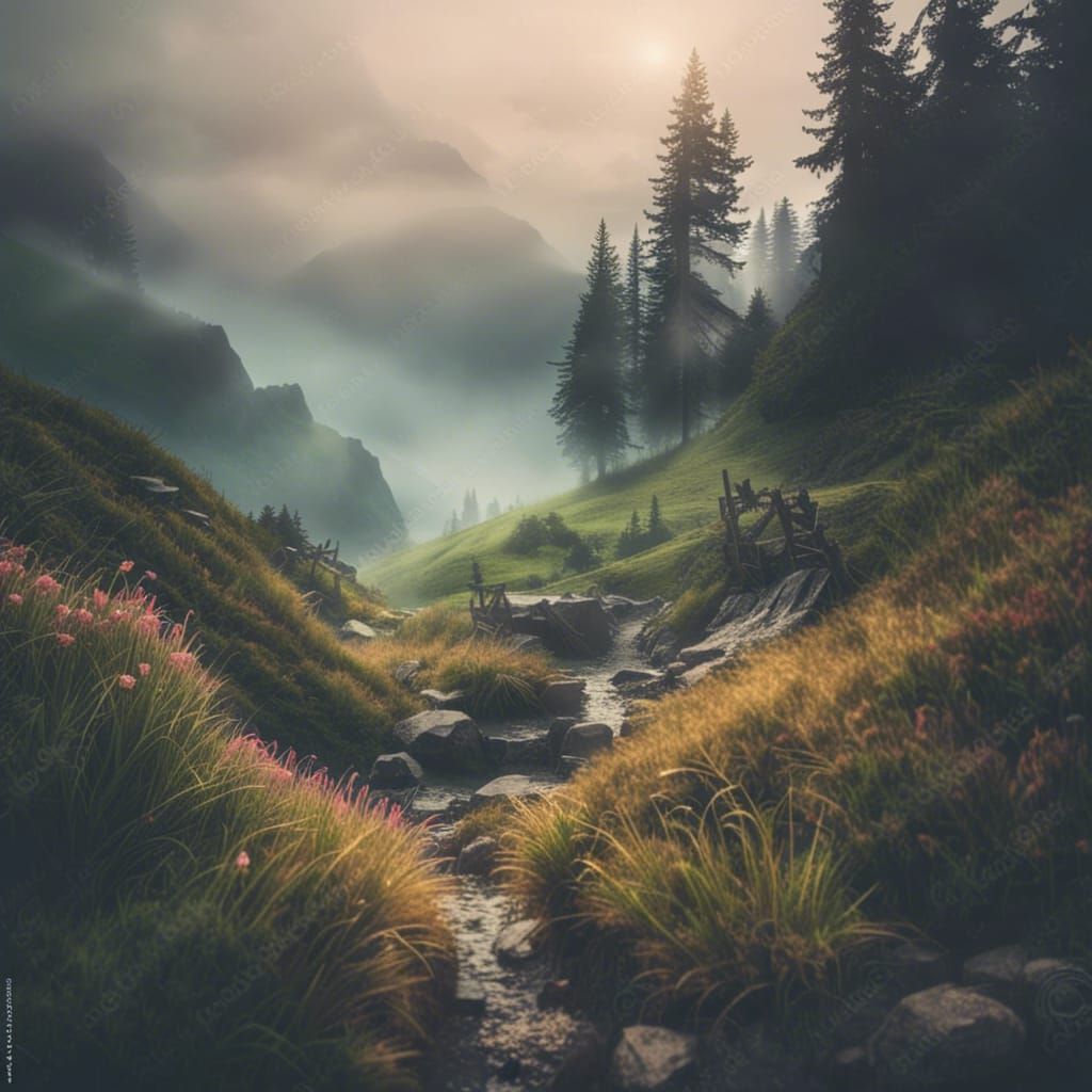 Misty Mountain Landscape: A Tranquil Vista