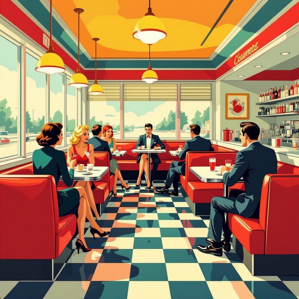 1950s Diner Scene in Mid-Century Poster Style