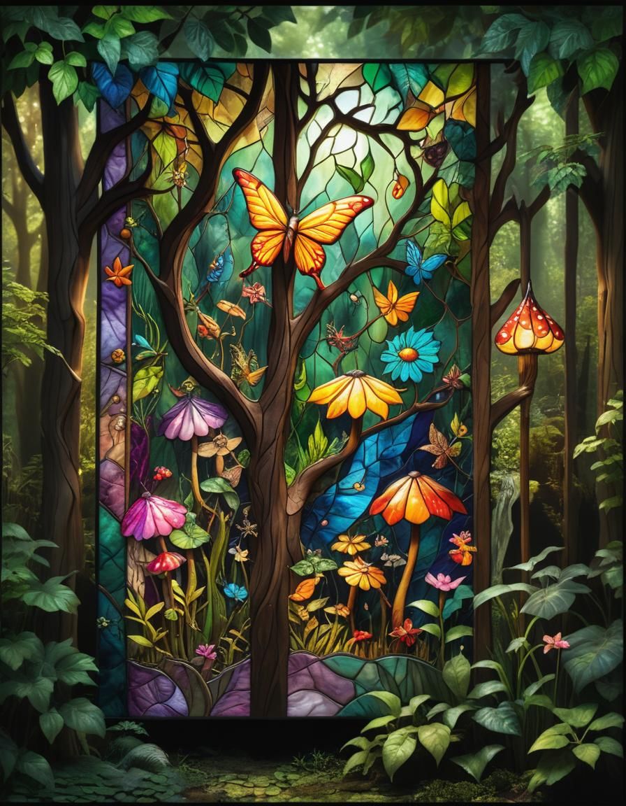 An artistic quilt-  forest fairy fantasy swamp scene