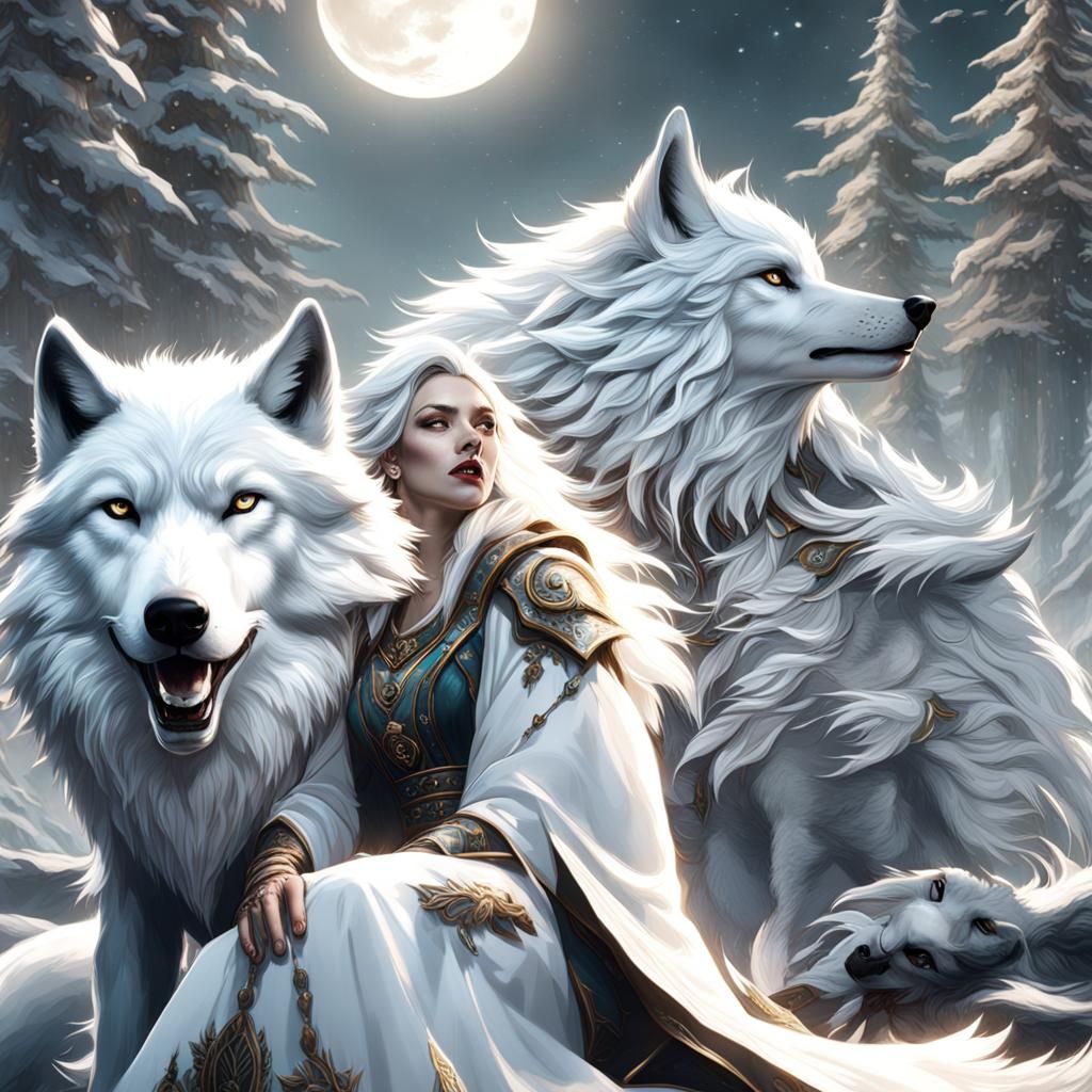 White Wolf and Woman Howling at Moon