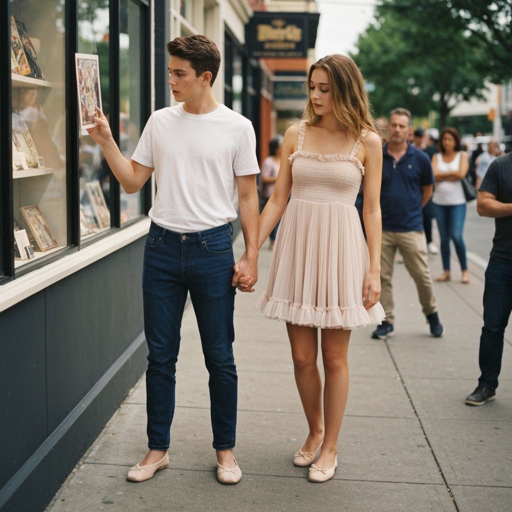 Young Man and Woman in Matching Dresses Downtown