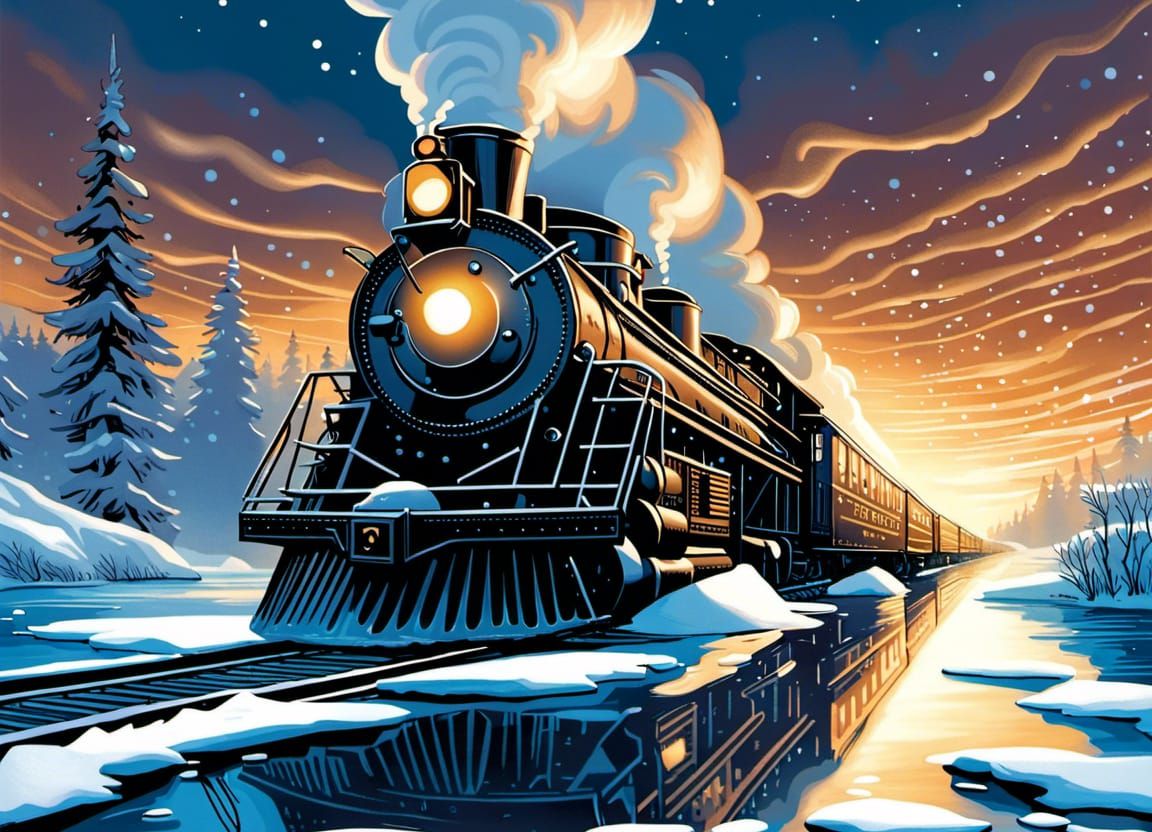 Polar Express Train on Frozen Lake: Comic Book Art