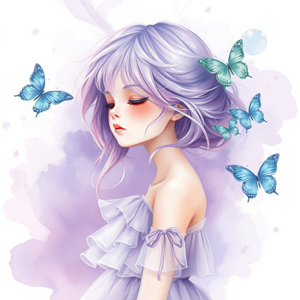 Ethereal Girl with Purple Hair in Watercolor Style