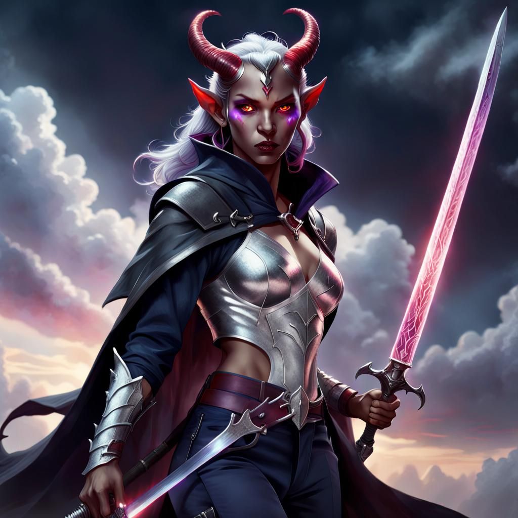 Tiefling Warrior with Glowing Sword in Digital Art