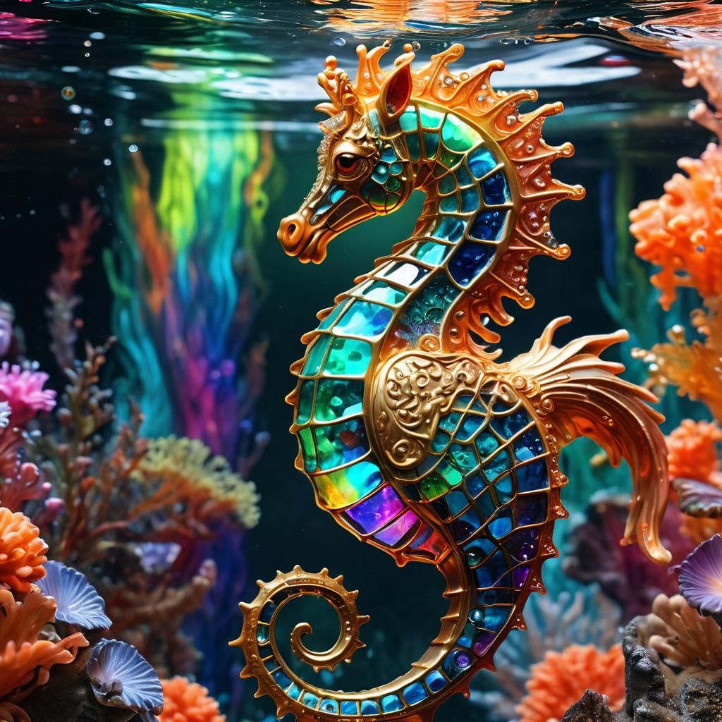 Translucent Seahorse Kelpie in Opalescent Coral Reef