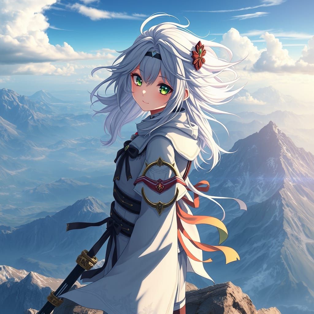 Anime Girl Stands Tall on Windswept Mountain Peak