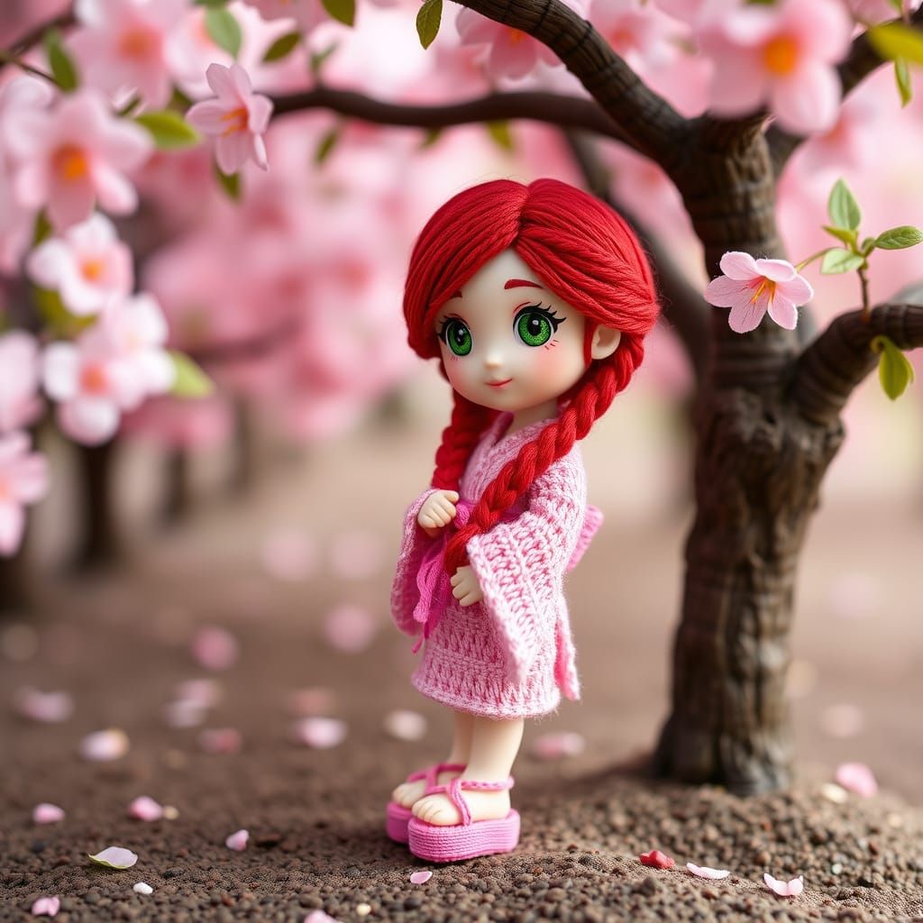 Cute Chibi Woman in Sakura Yukata Yarn Art