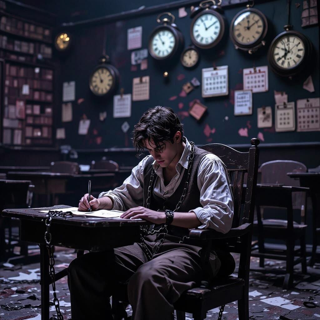 Surreal Dark Fantasy Scene of a Bound Student