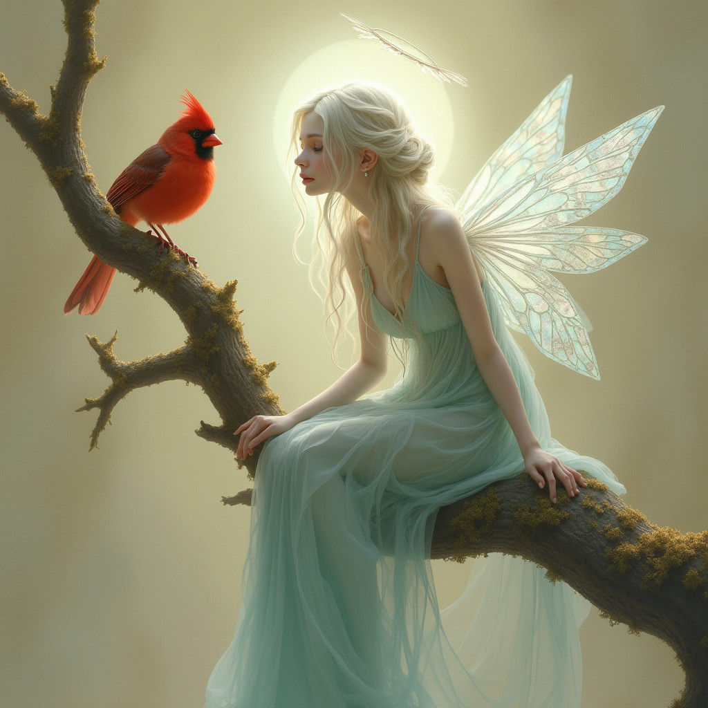 Fairy with Cardinal Bird in Pre-Raphaelite Style