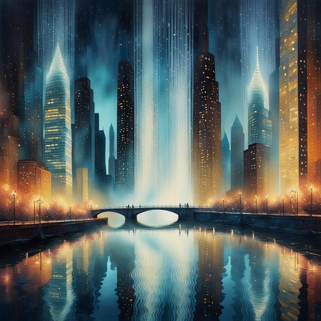 Magical Cityscape at Night in Vibrant Gouache