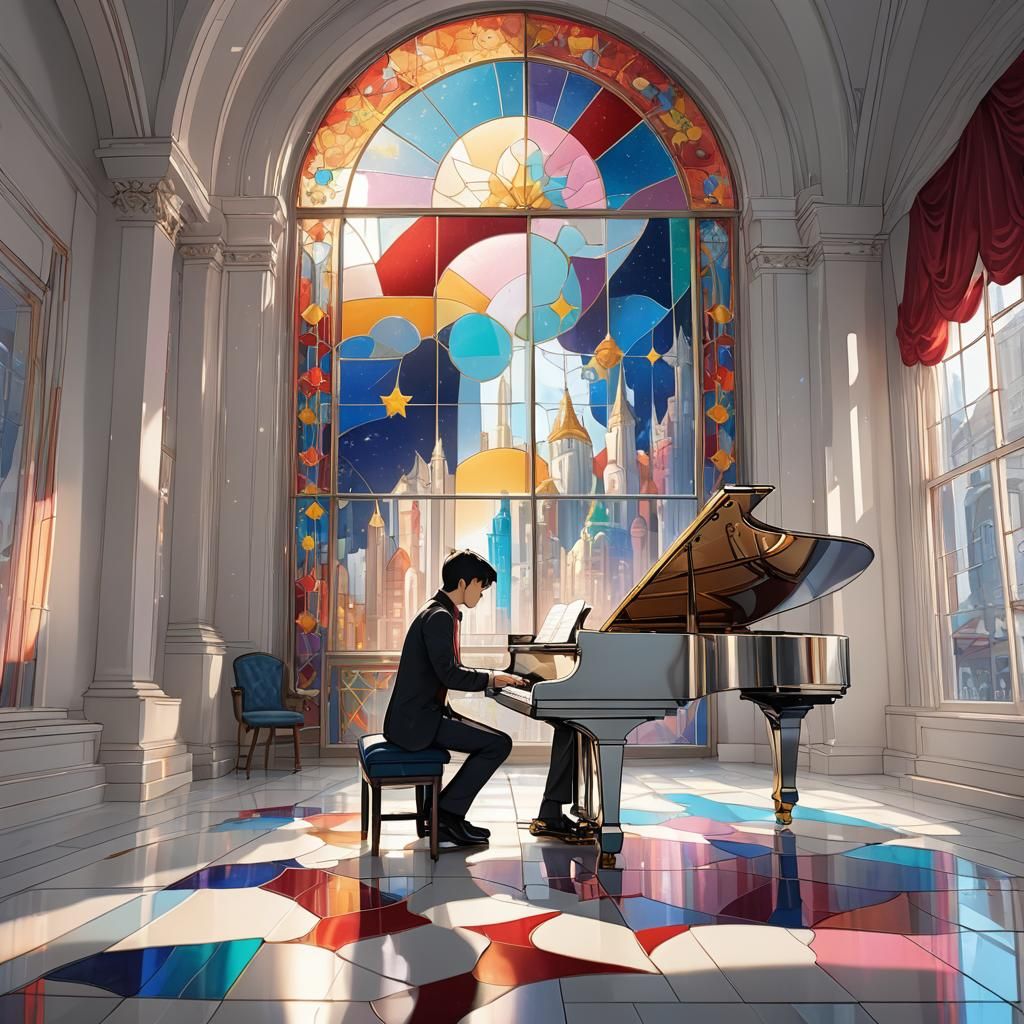 Stained Glass City Scene: Asian Man at Piano