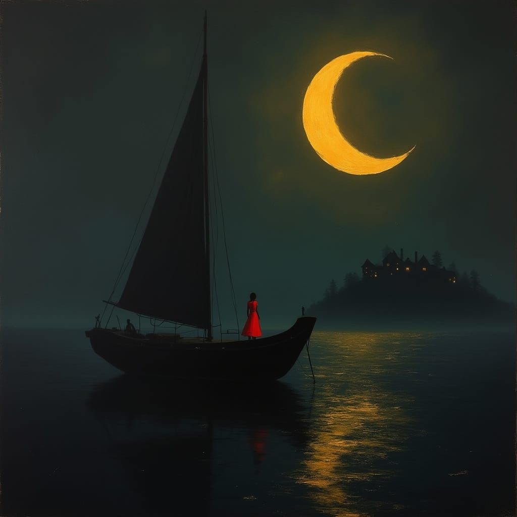 Red Figure on Abstract Ship Under Golden Moon