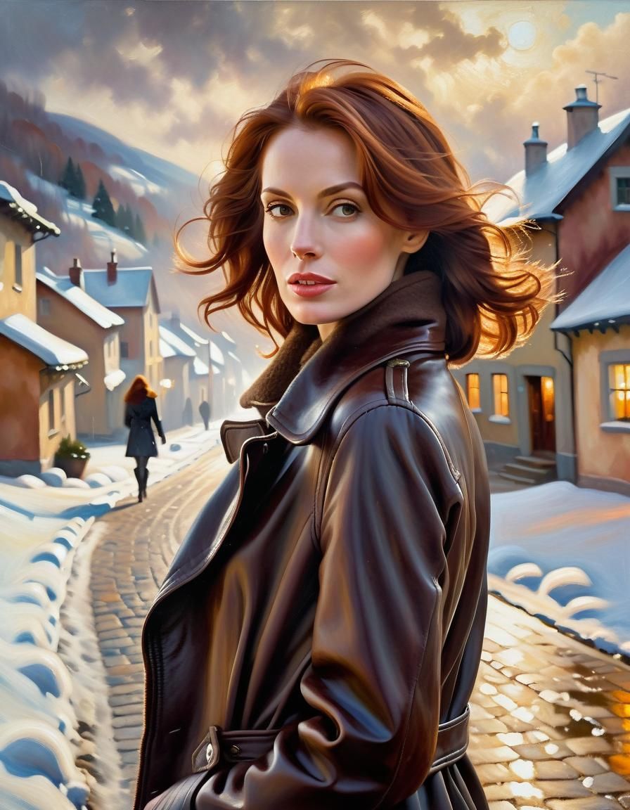 Woman in Snowy Village: Romantic Oil Painting