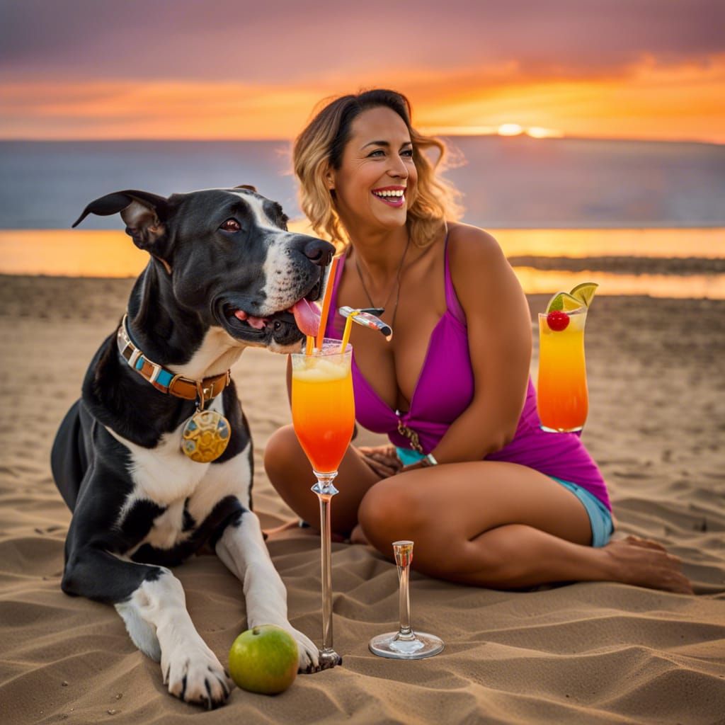 Italian-American Woman and Great Dane Enjoying Sunset