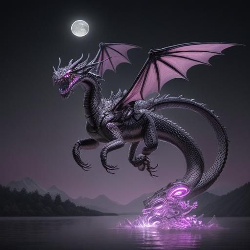 Snake dragon, diamond black onyx skin, two heads, big white eyes glowing, horror vibe, creepy, flying over lake, moon l...