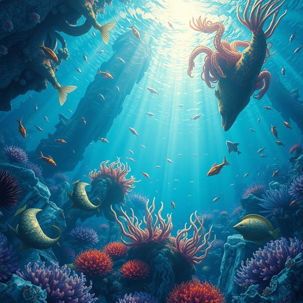 Surreal Underwater Realm in Cubist Fragmentation