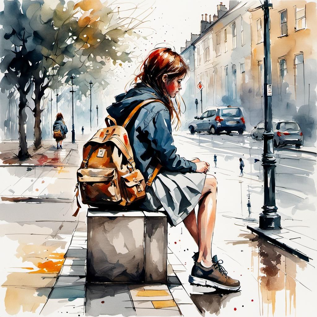 Schoolgirl Waiting, Mixed Media Digital Art