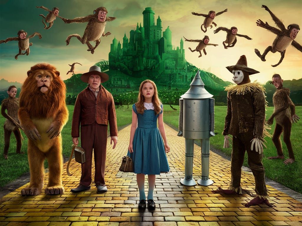 Dorothy, Toto, the cowardly lion, the Tin Woodsman, and the Scarecrow meet the flying monkeys on the yellow brick road t...