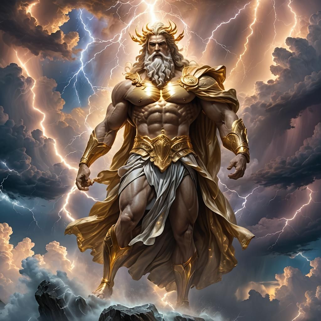 Majestic Zeus Summons Lightning Bolt in Dreamlike Realm