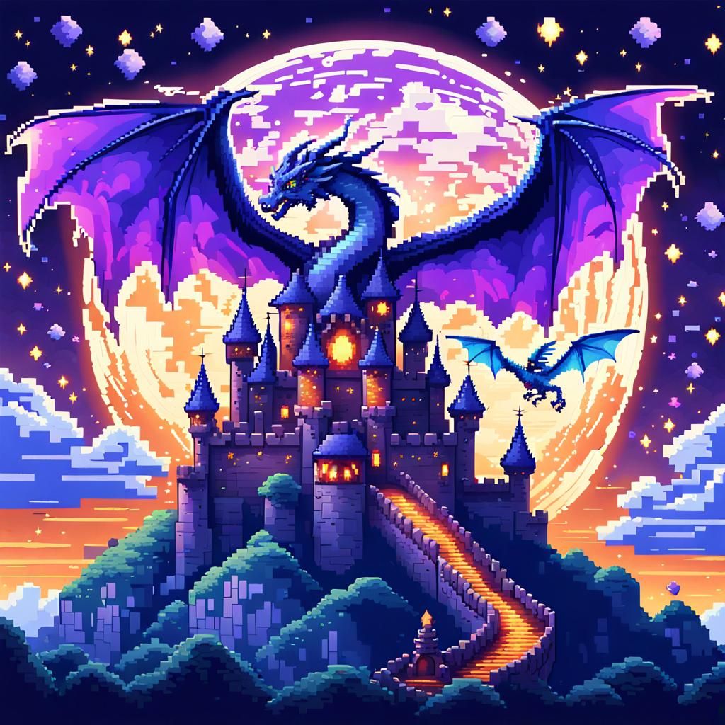 Pixel Art Dragon Flying Near Castle