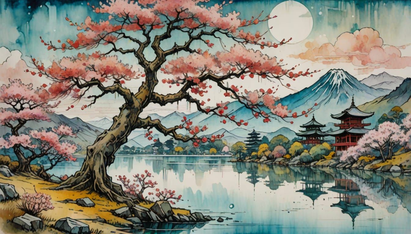 Sakura Tree by Lake, Alcohol Ink Drawing