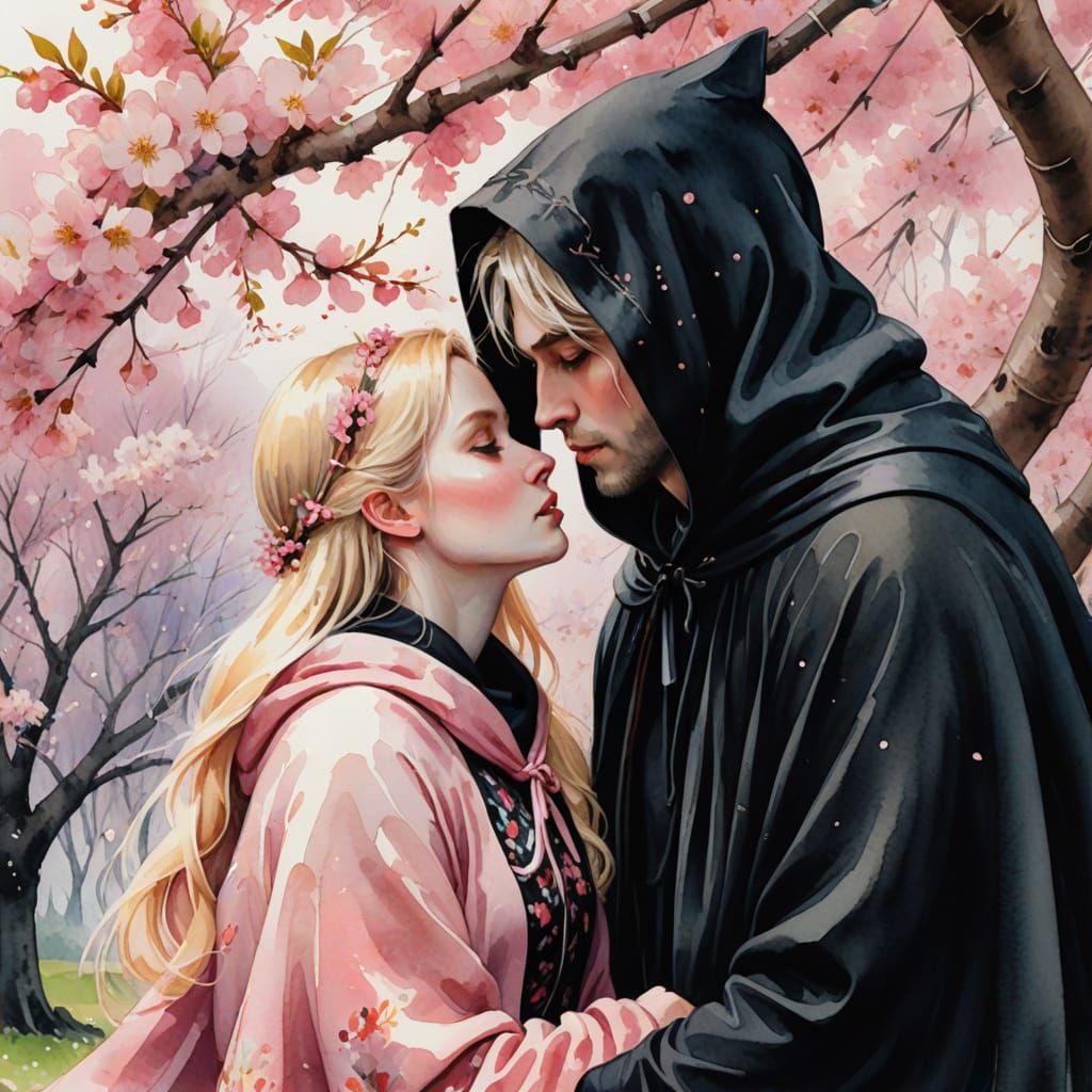 Whimsical Watercolor Couple Amidst Blossoming Cherry Blooms
