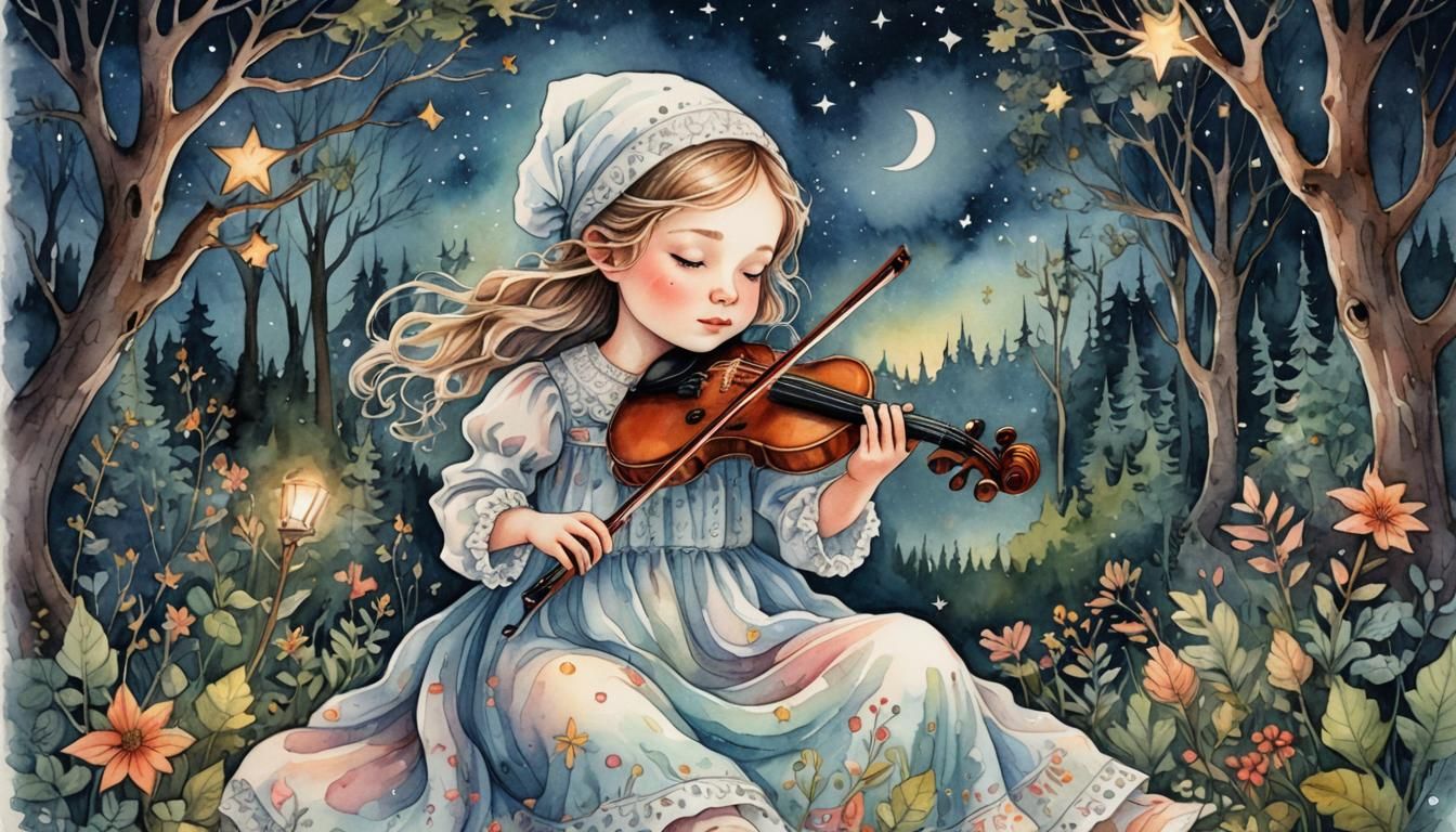 Cozy Girl in Fairy Tale Forest, Watercolor Art