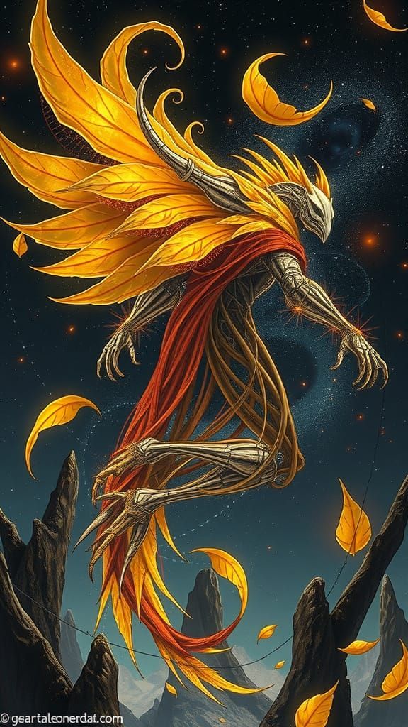 Surreal Cosmic Entity of Golden Leaves and Biomechanics