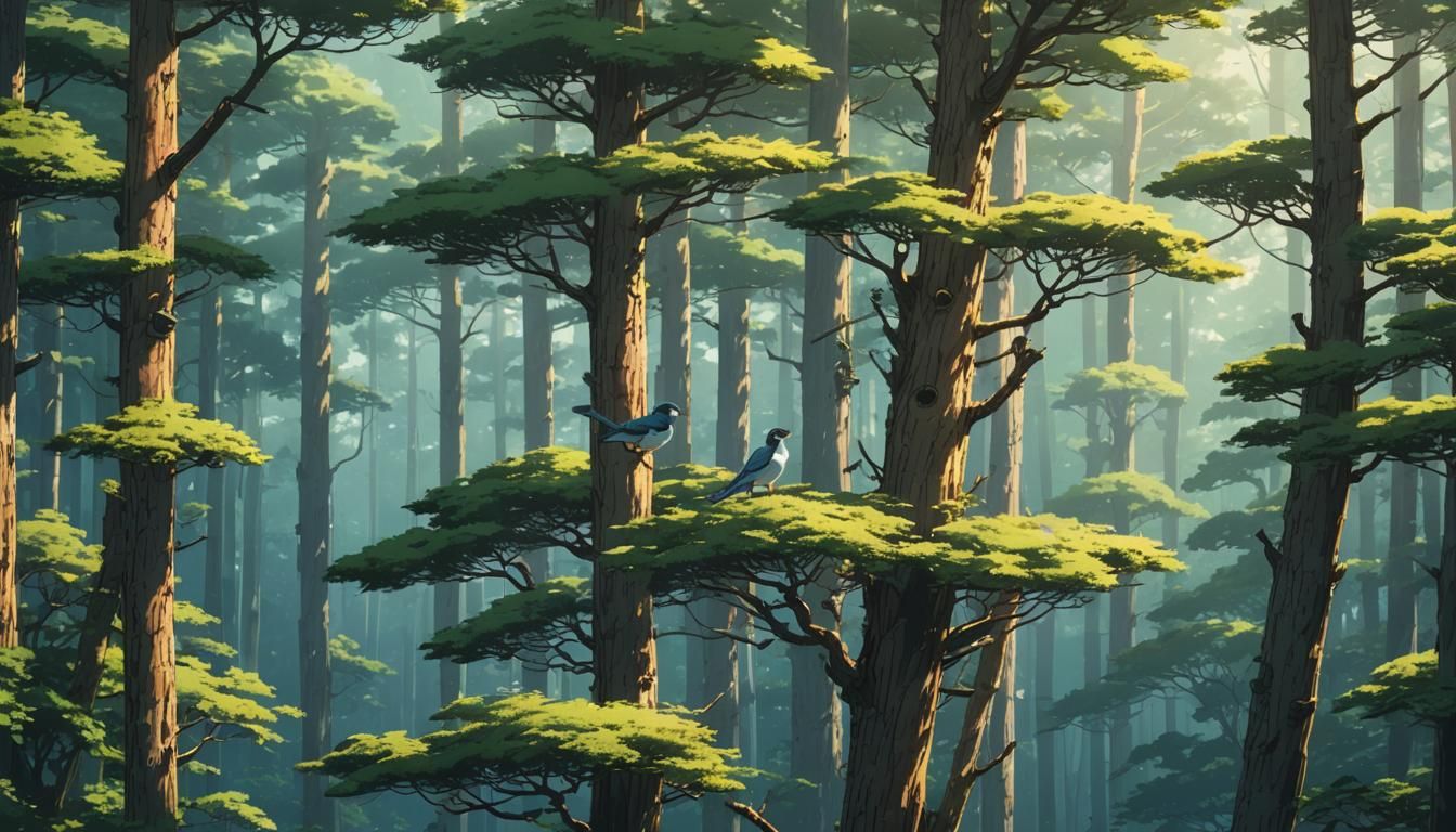 Bird on Pine: Studio Ghibli Anime Visual