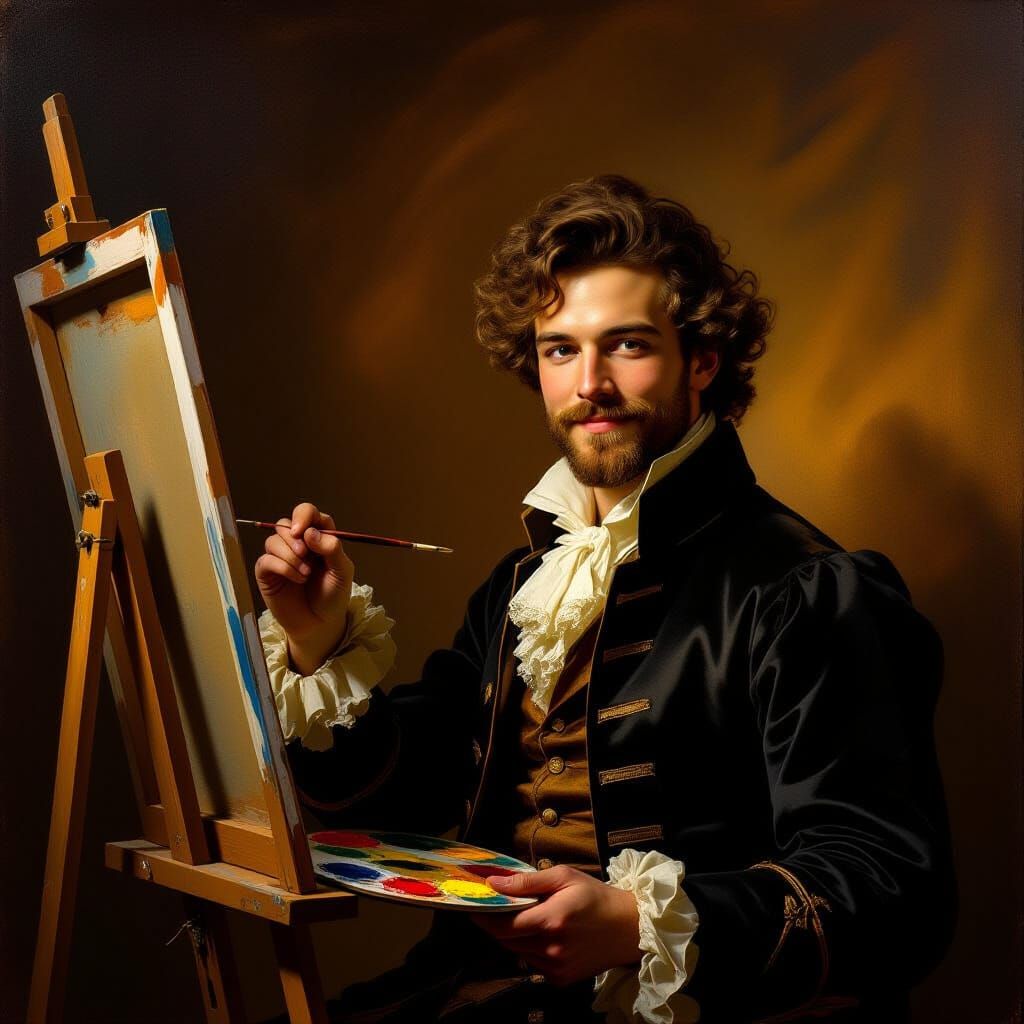 Confident Student Painting a Self-Portrait