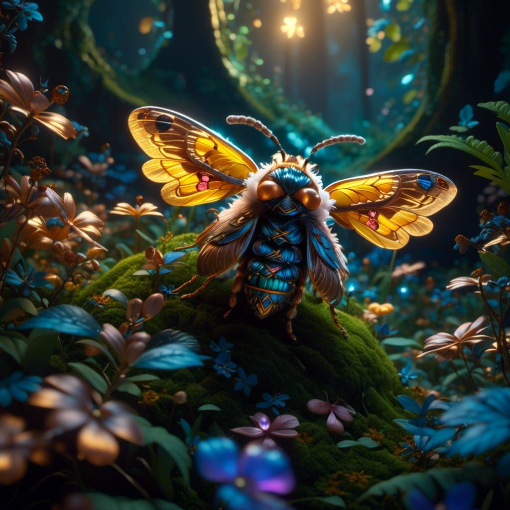Hornet Moth on Iridescent Mushroom, Fantasy Art