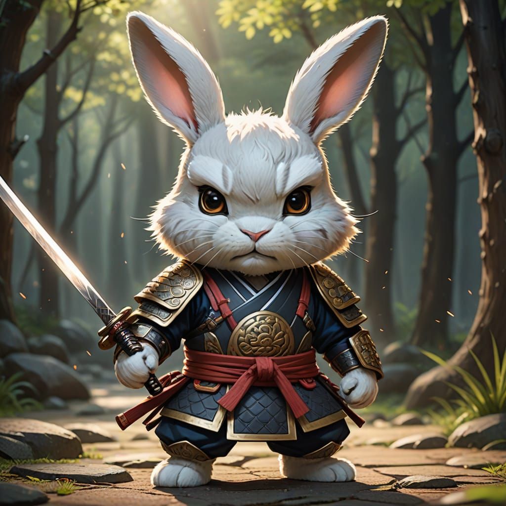 Cute Samurai Rabbit Warrior Drawing Katanas in Anime Style