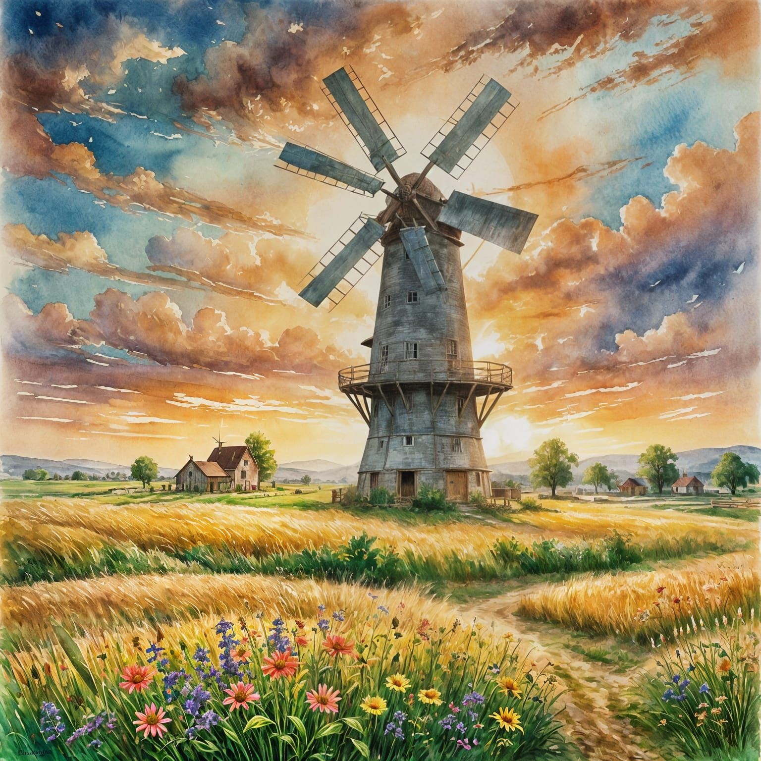 Whimsical Watercolor Windmill in Lush Farm Landscape