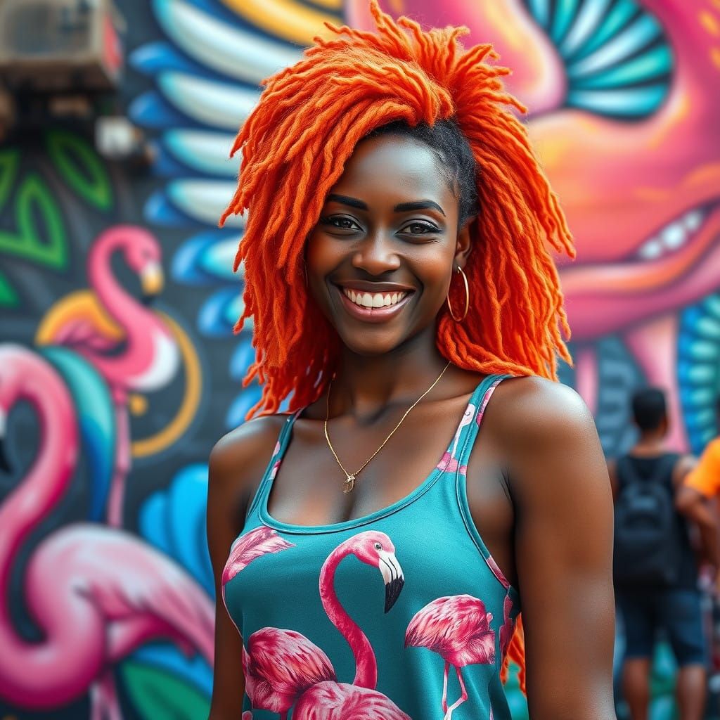 Young Black American Woman in Vibrant Flamingo Patterned Tan...