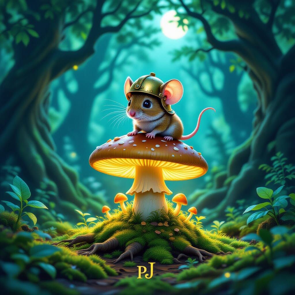 Mouse Explorer on Bioluminescent Mushroom in Enchanted Fores...