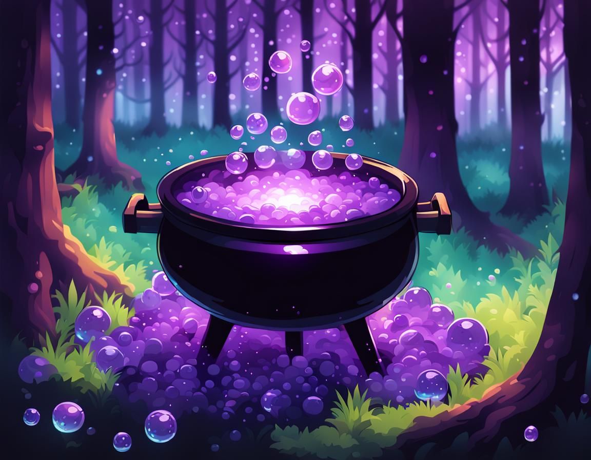 Pixelated Purple Potion in Forest Cauldron