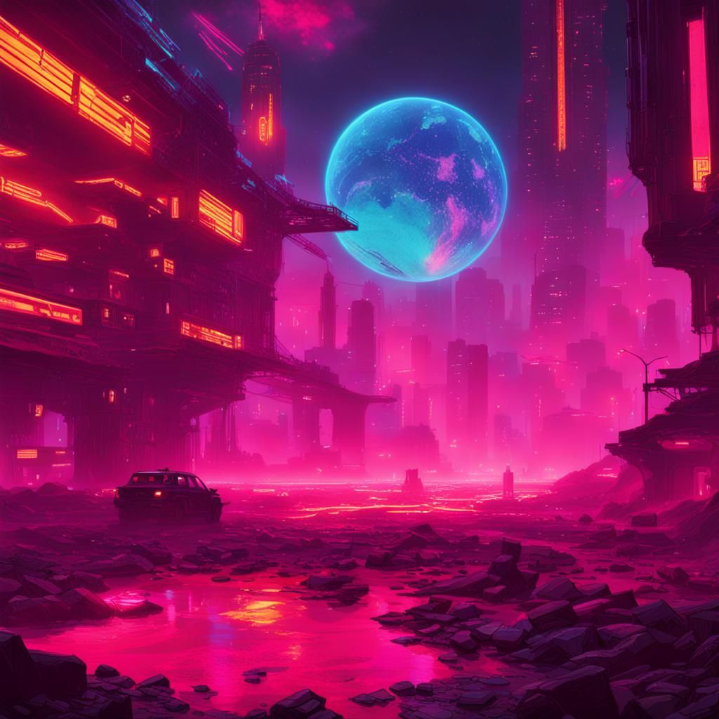 Cyberpunk Planetscape: Frozen and Molten Neon World