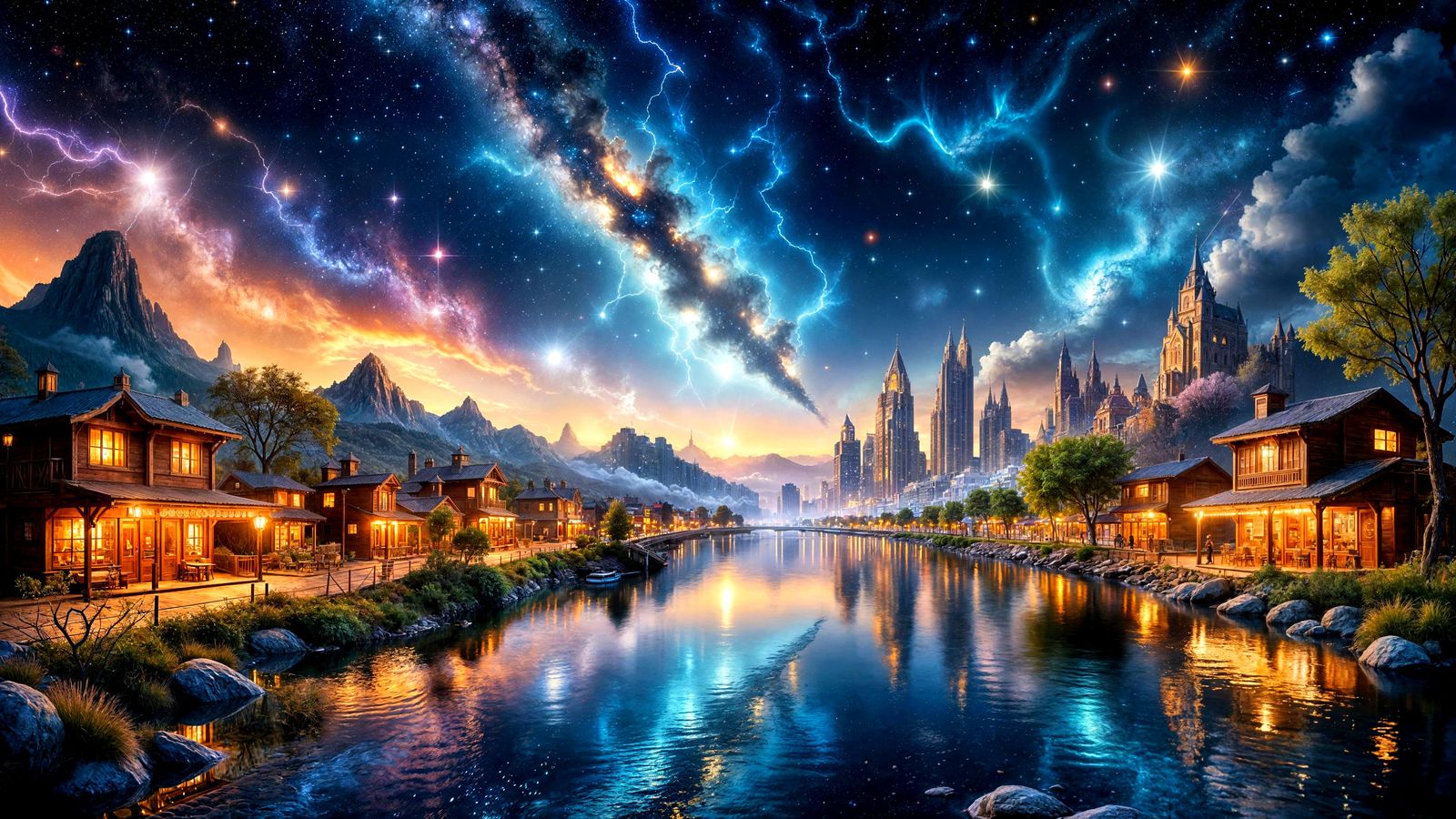 Starry Night Landscape Split by Futuristic and Old Western T...