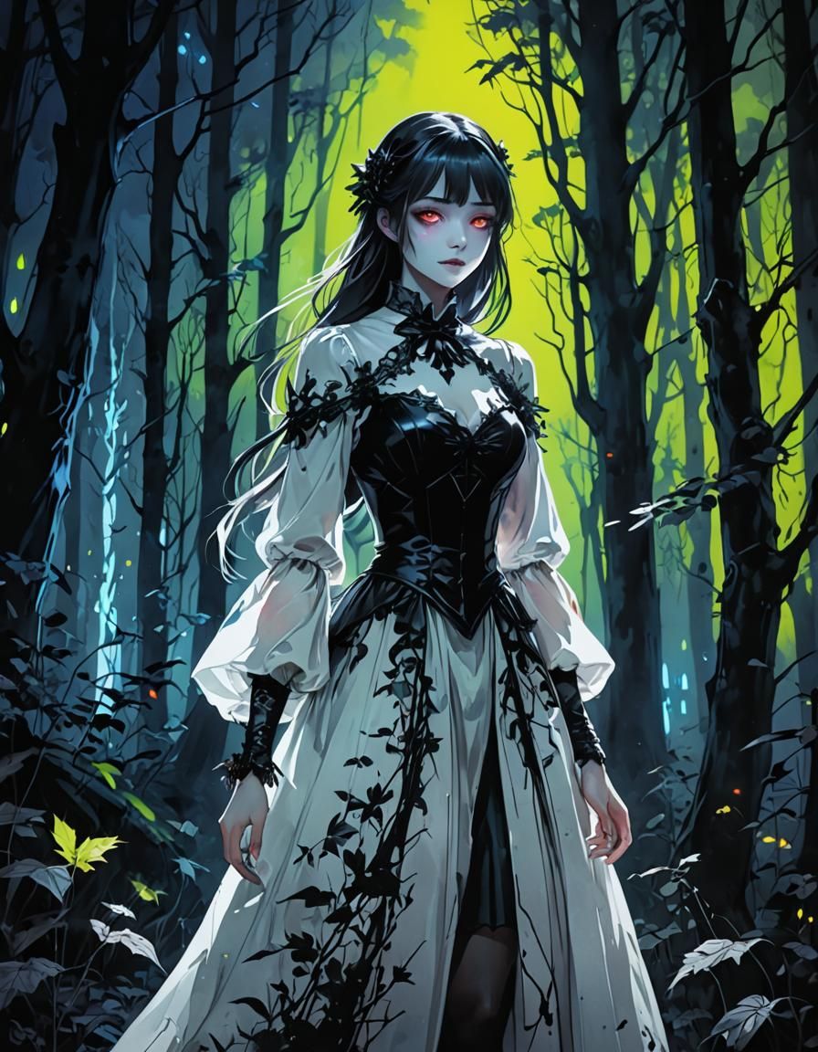 Holographic Vampire in Forest: Blacklight Watercolor Art