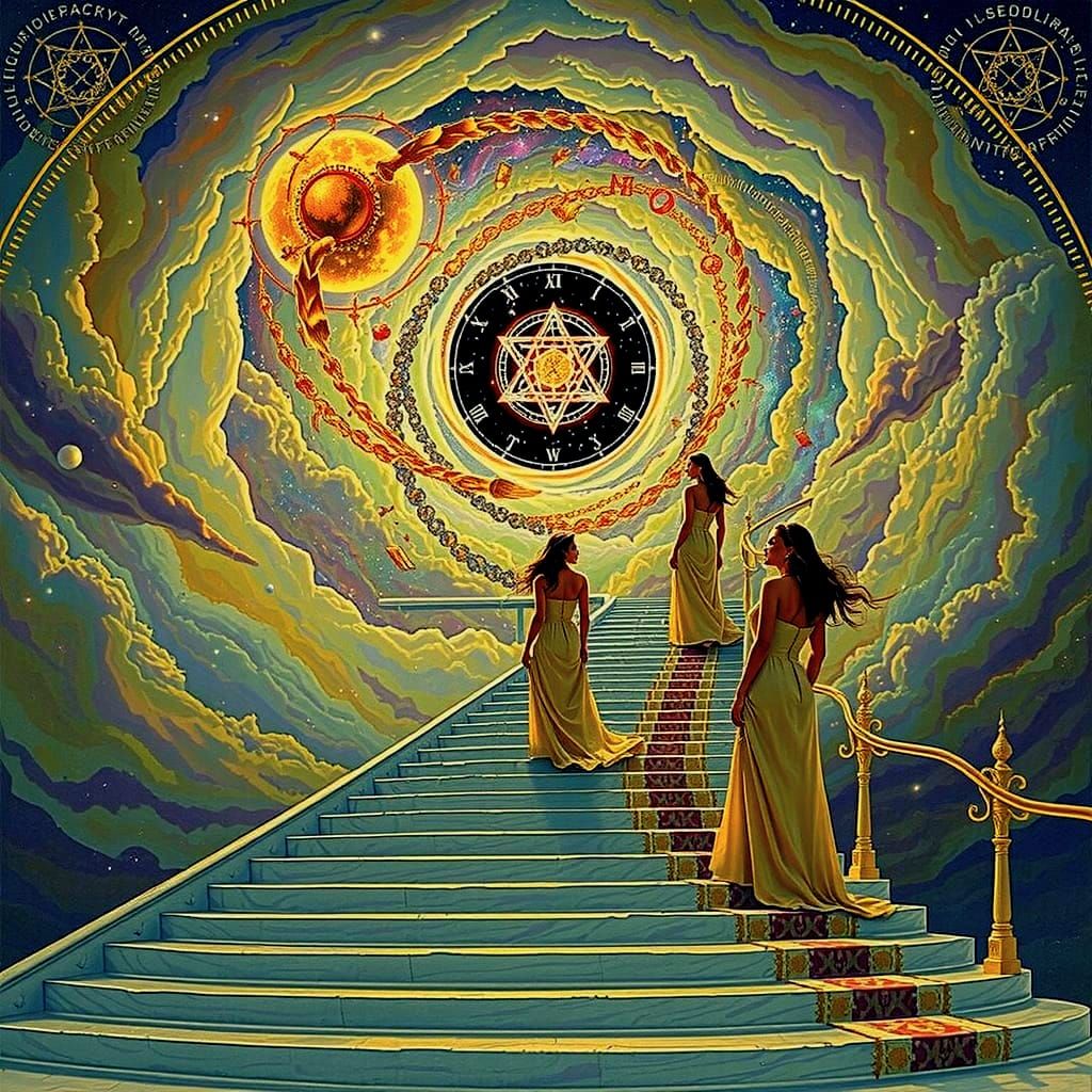 Elegant Women Ascend Celestial Staircase in Vivid Sky
