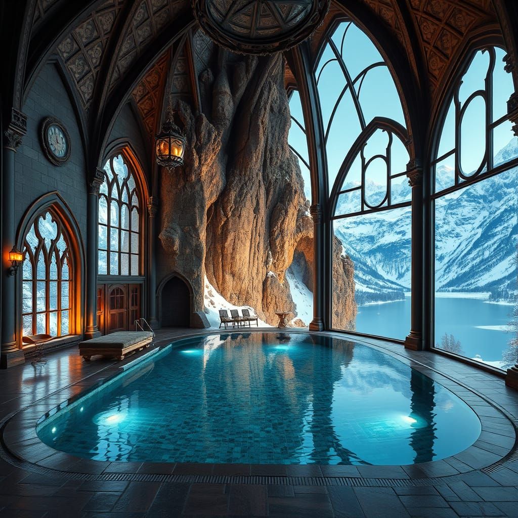 Epic Castle Pool Overlooks Snowy Mountain Range