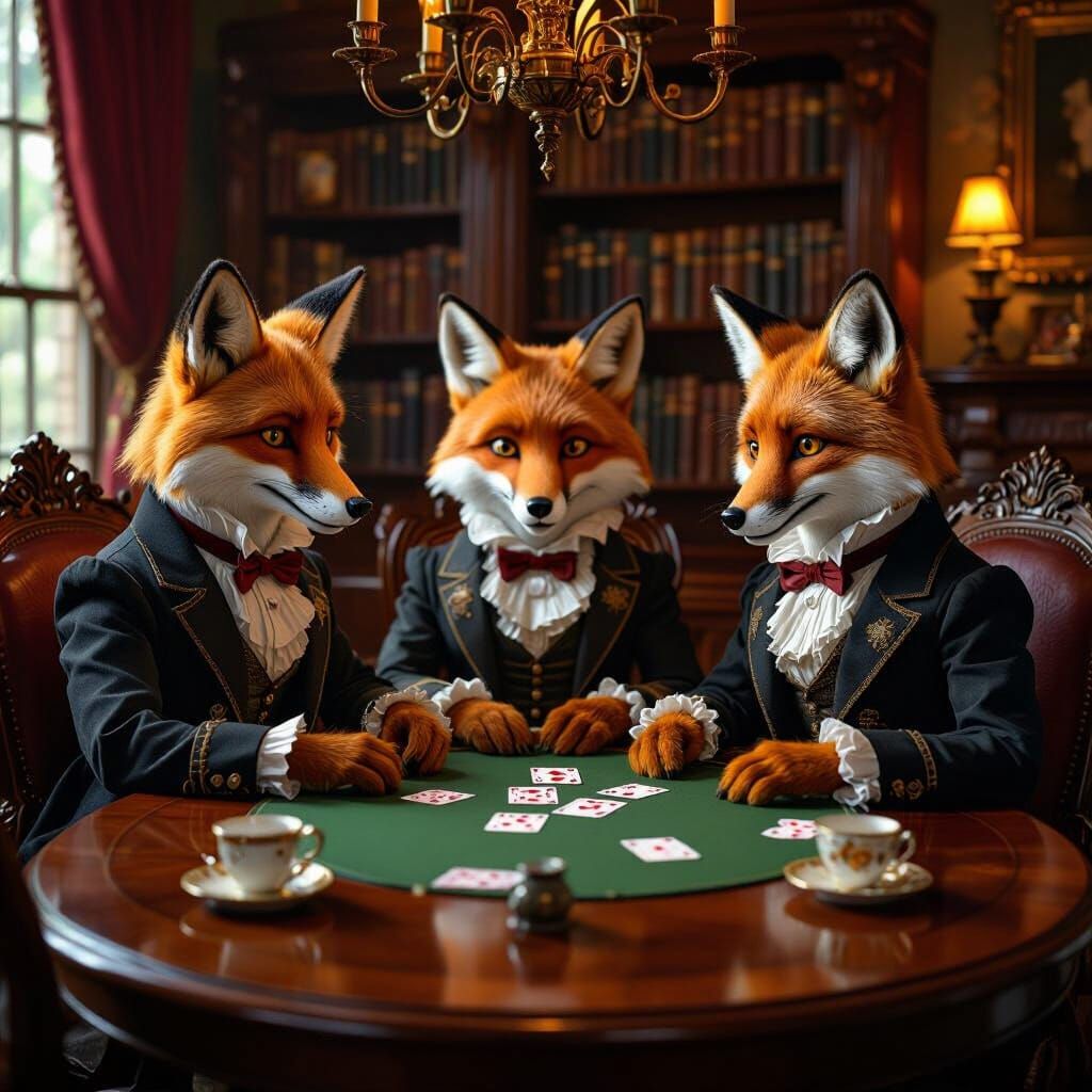 Victorian Fox Family Card Game: Photorealistic Detail