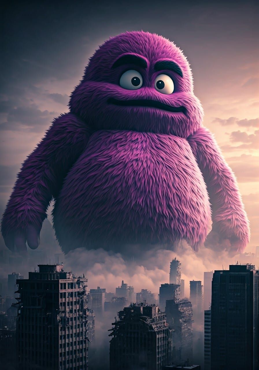 Gigantic Grimace Towers Above Cityscape in Neon-Drenched Nig...